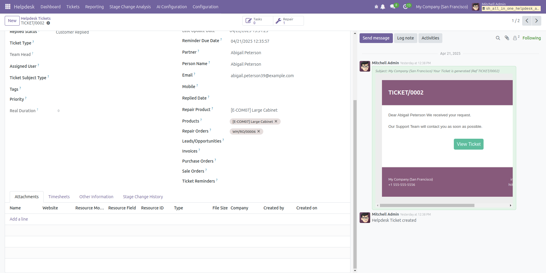 Helpdesk ticket form showing the Attachments tab and chatter panel