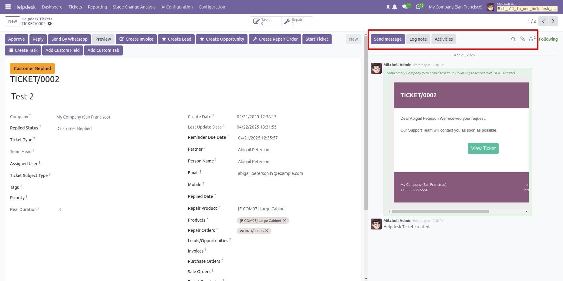 Helpdesk chatter showing Send Message, Log Note, Activities, Followers, and Attachments