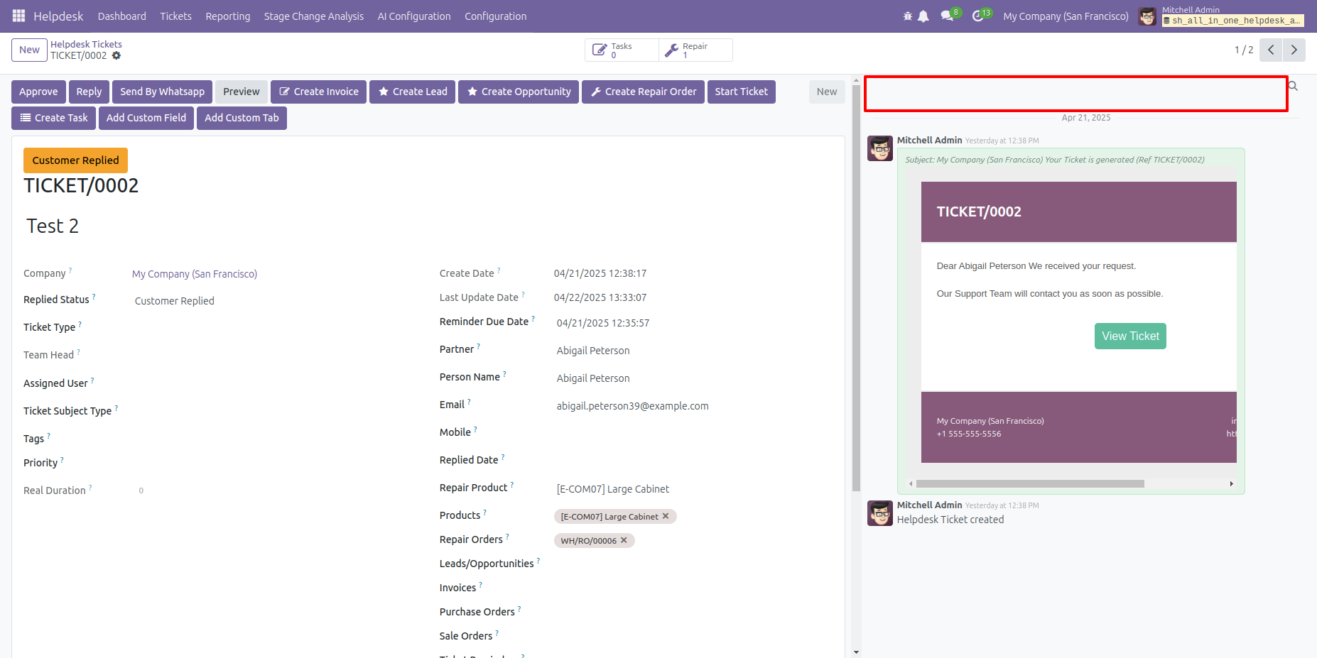 Helpdesk ticket chatter with selected options hidden