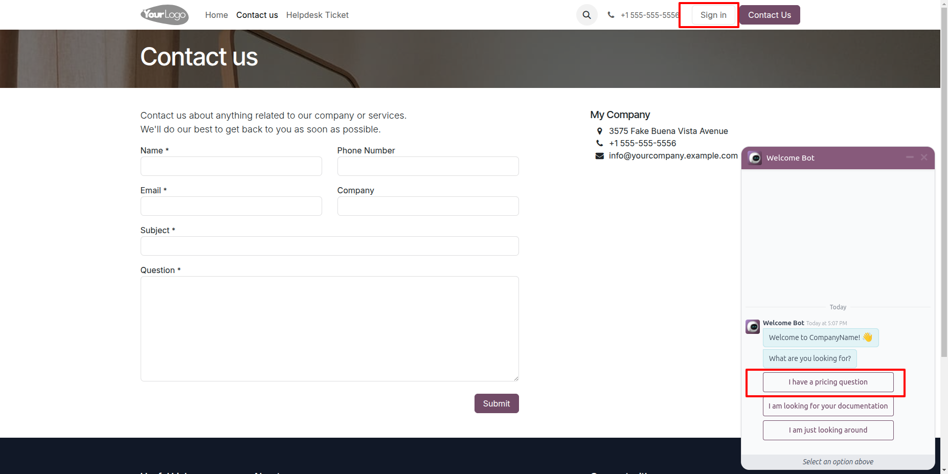 Select a question from the Live Chat options