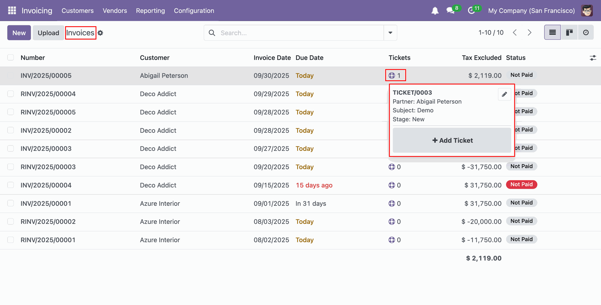 View Helpdesk ticket details from the Invoice list view