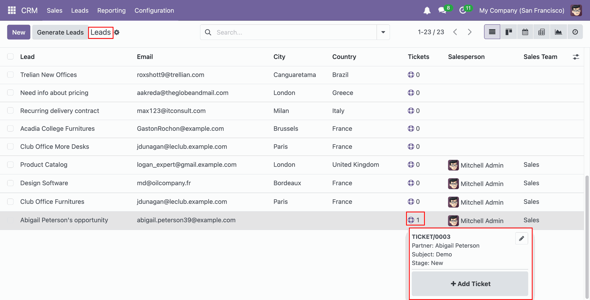 View Helpdesk ticket details from the Leads list view
