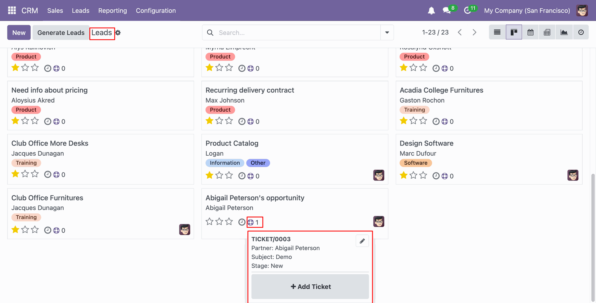 View Helpdesk ticket details from the Leads Kanban view