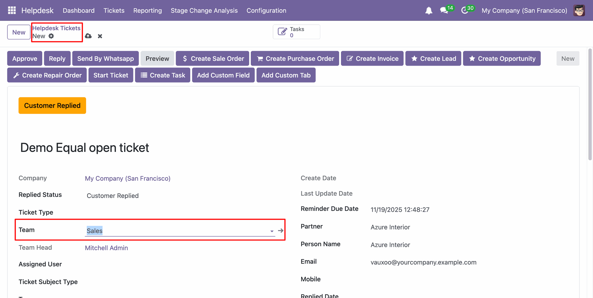 Select the Helpdesk team in the ticket form