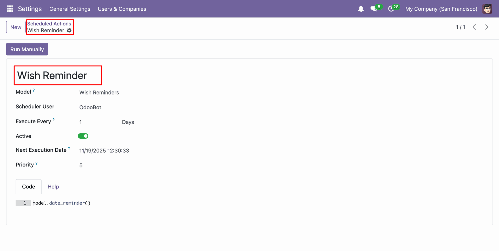 Run a scheduled action manually for Wish Reminders