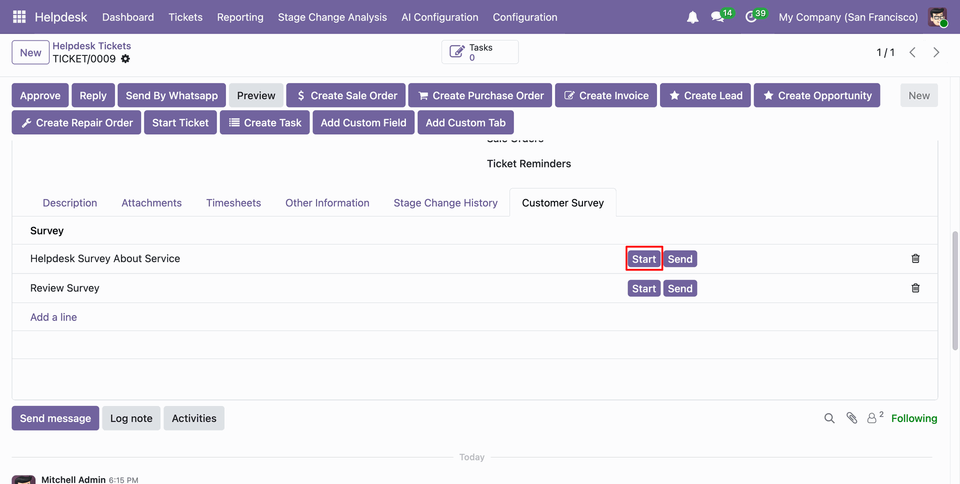 Start a customer survey from the Helpdesk ticket