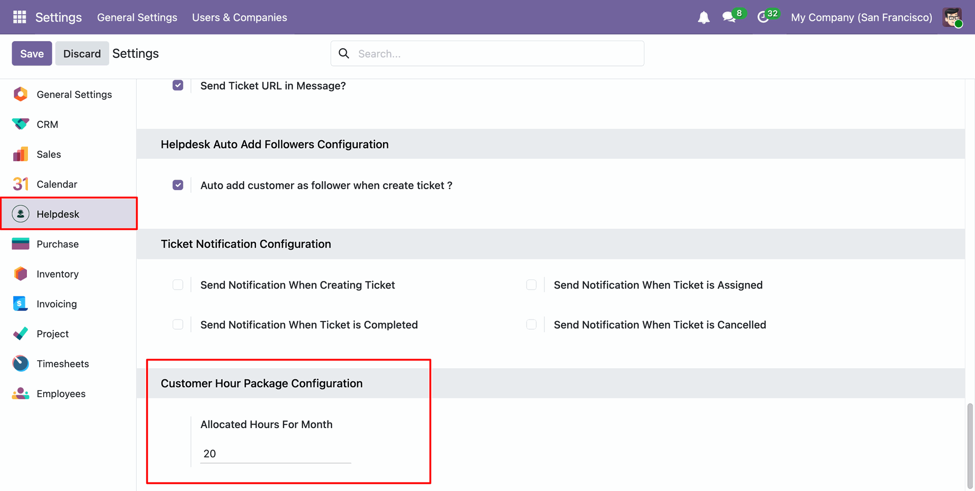 Configure monthly allocation hours for customer support packages