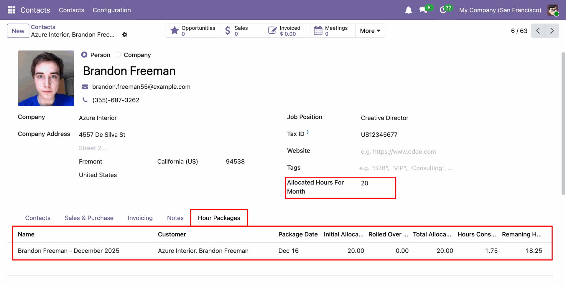 Contact form showing allocated monthly hours and hour package details