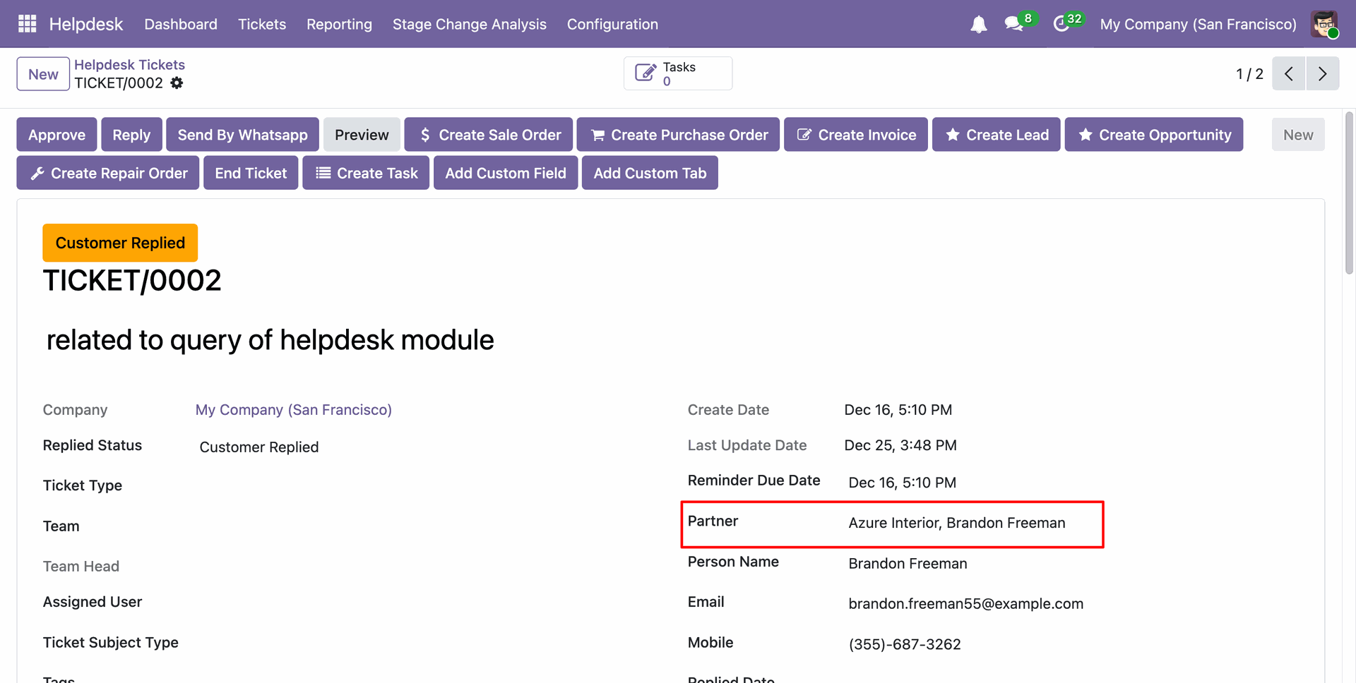 Helpdesk ticket form showing the customer name