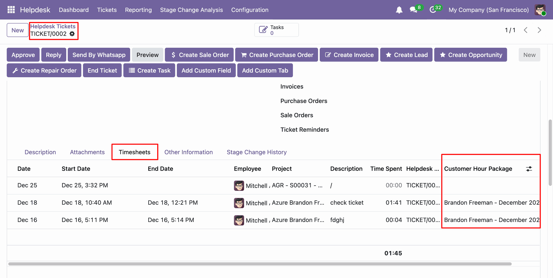 Customer Hour Package displayed under the ticket Timesheets tab