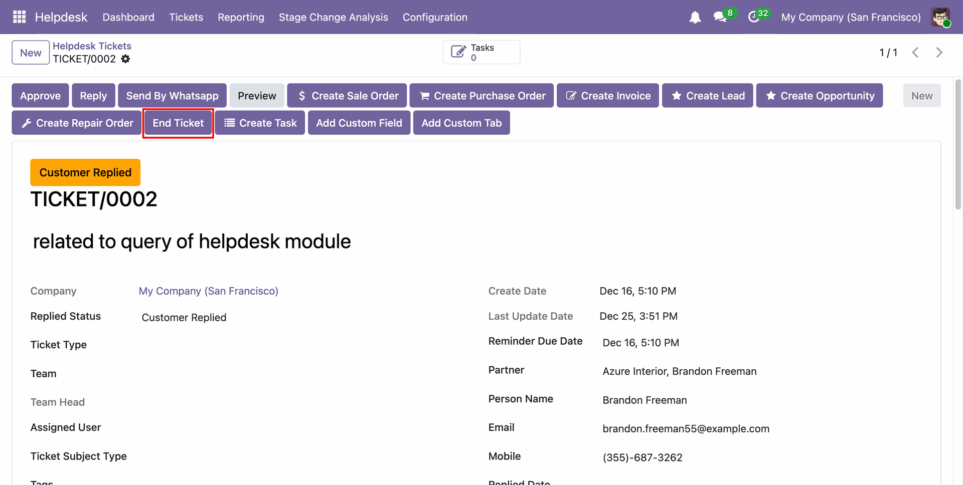 End a Helpdesk ticket to record customer support hours
