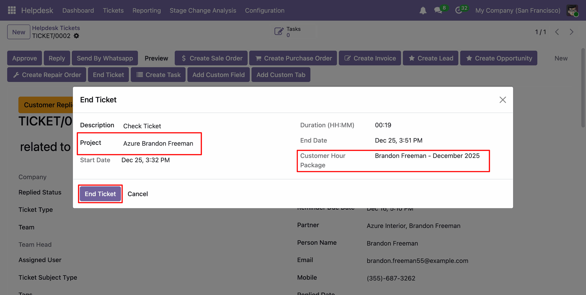 Select a project and automatically add the Customer Hour Package