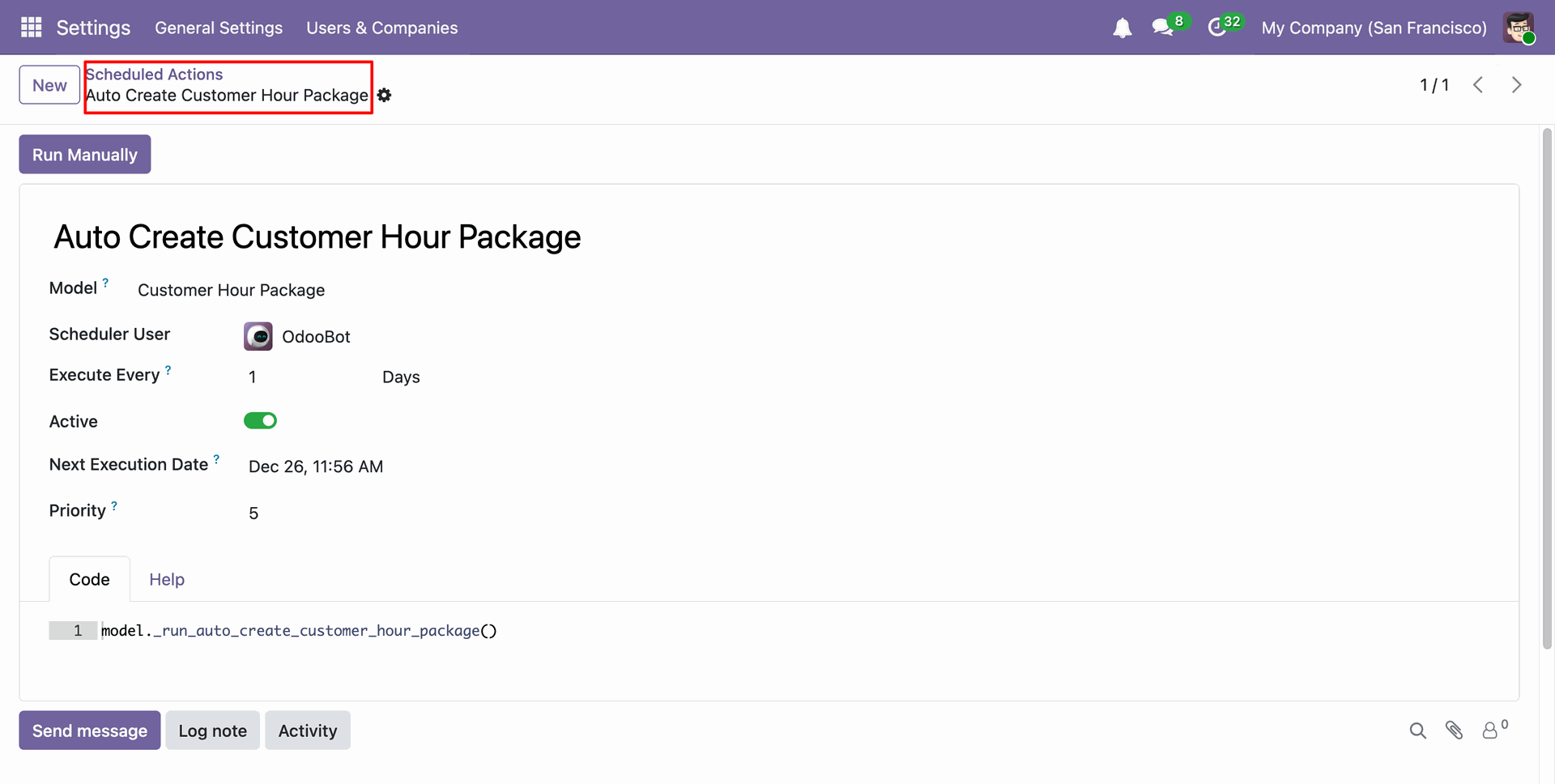 Run the Auto Create Customer Hours Package scheduled action