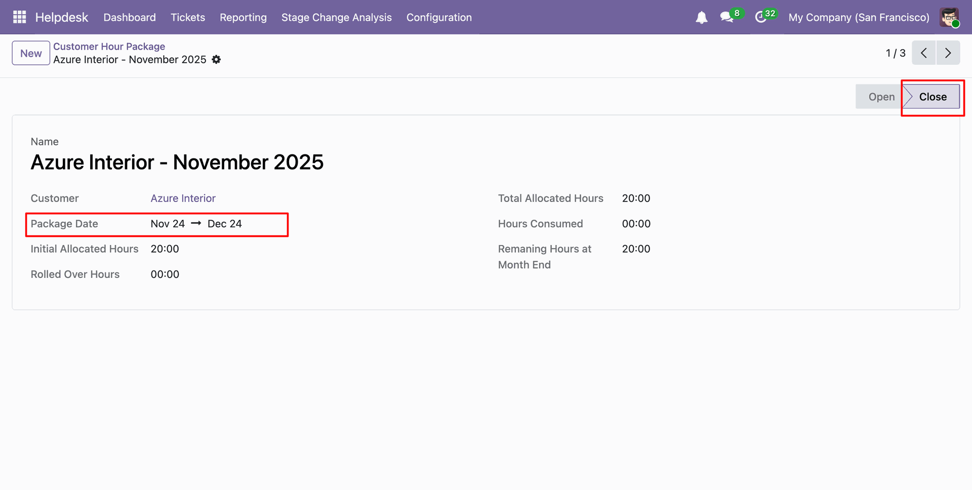 Customer Hour Package form showing package date and closed status
