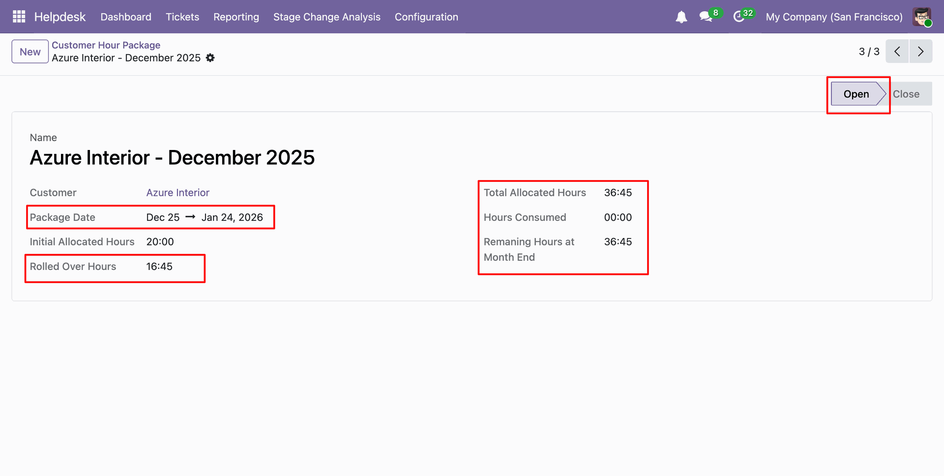 Customer Hour Package form showing an open package status