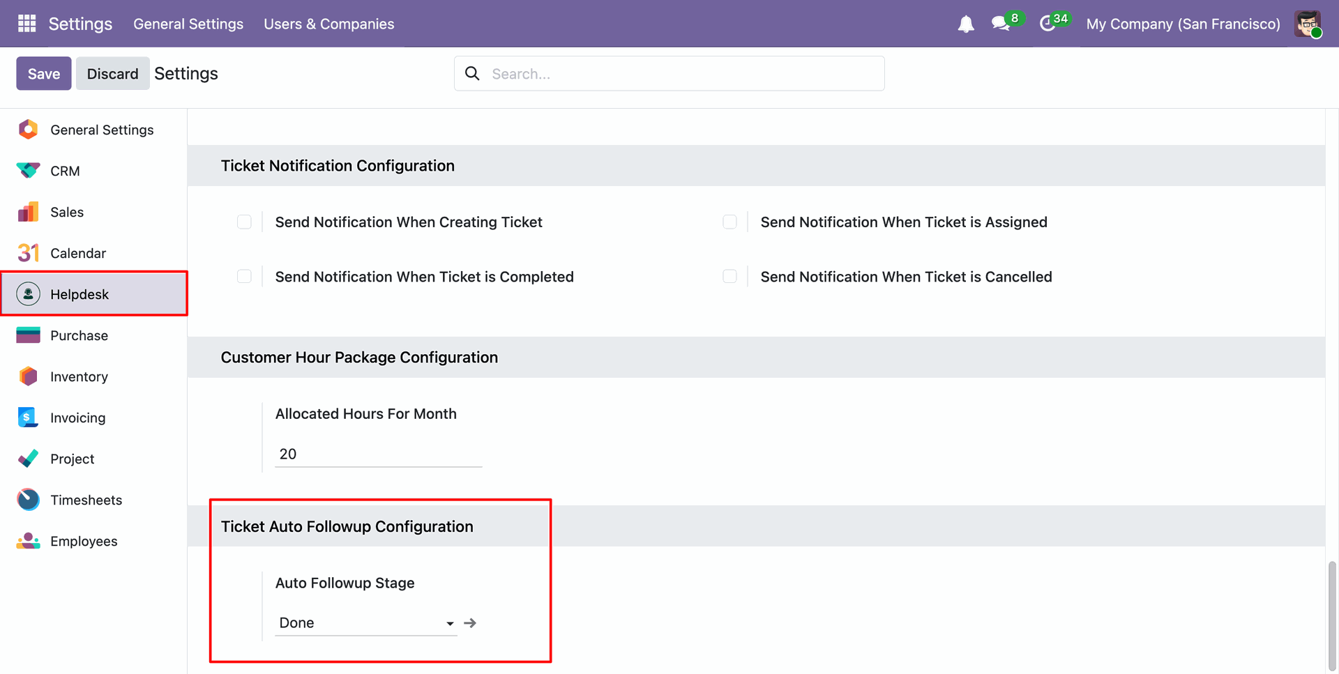 Select the Helpdesk stage for automatic follow-up