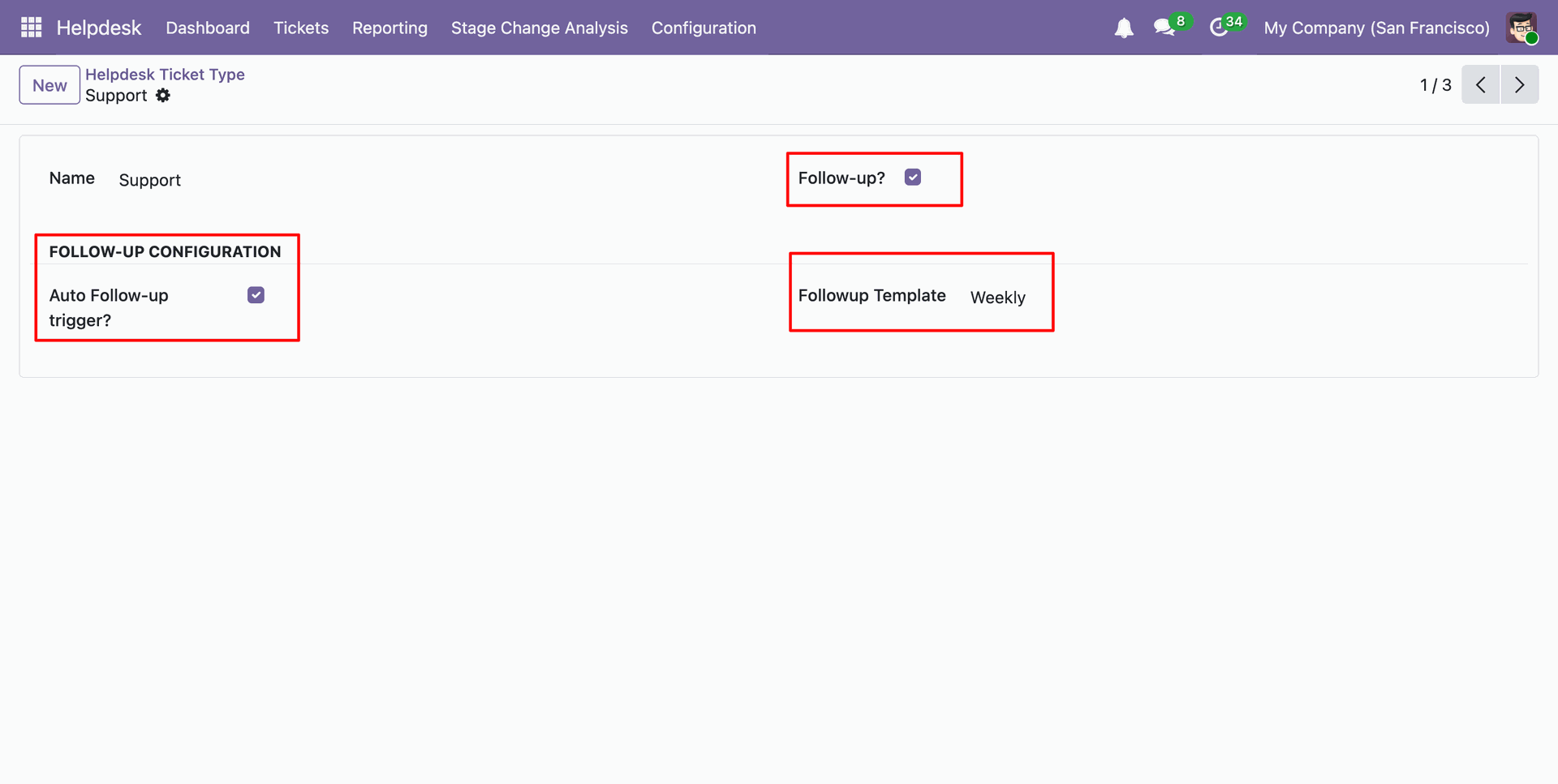 Configure follow-up options and template for a Helpdesk ticket type