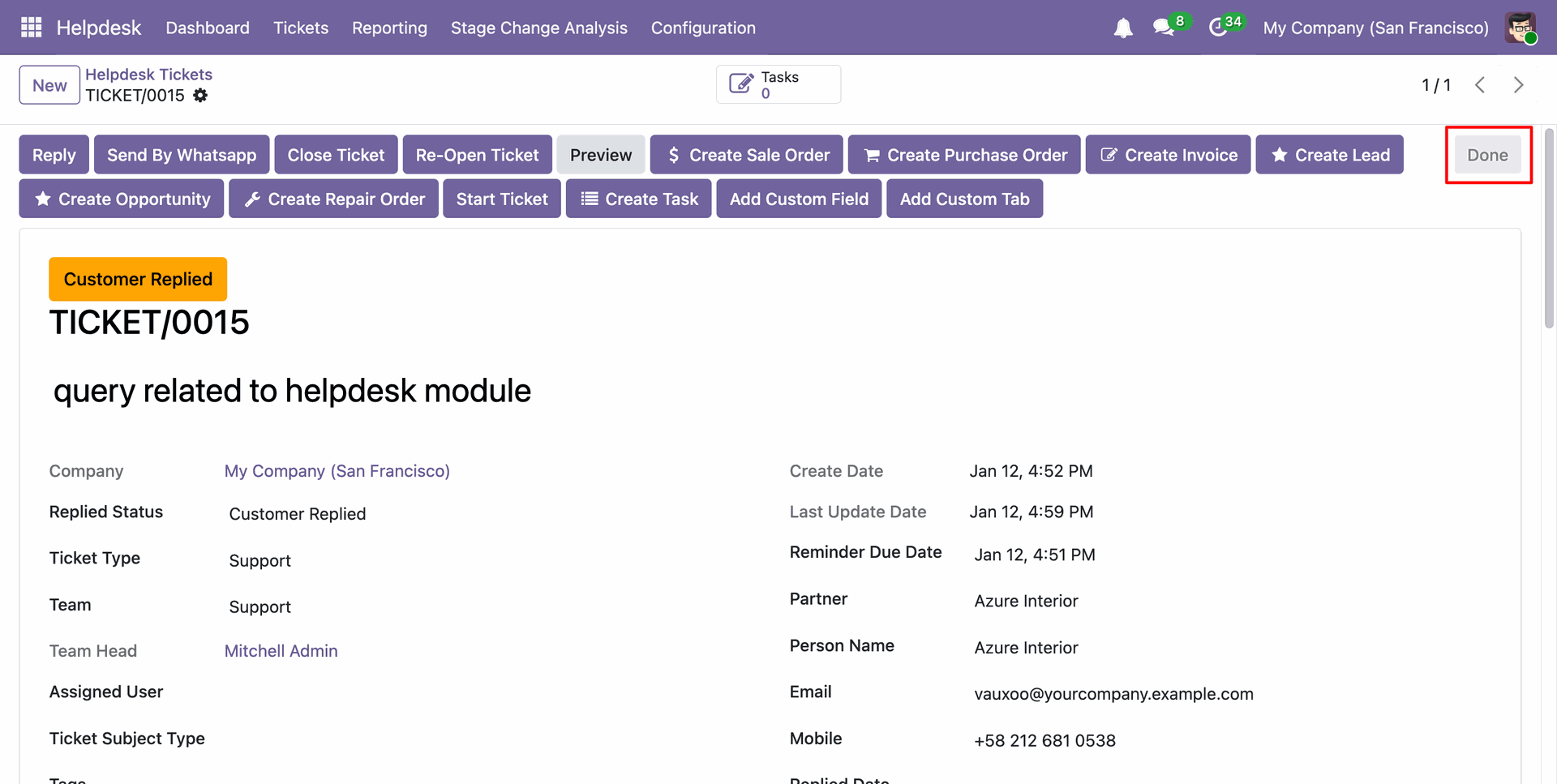 Helpdesk ticket in the Done stage