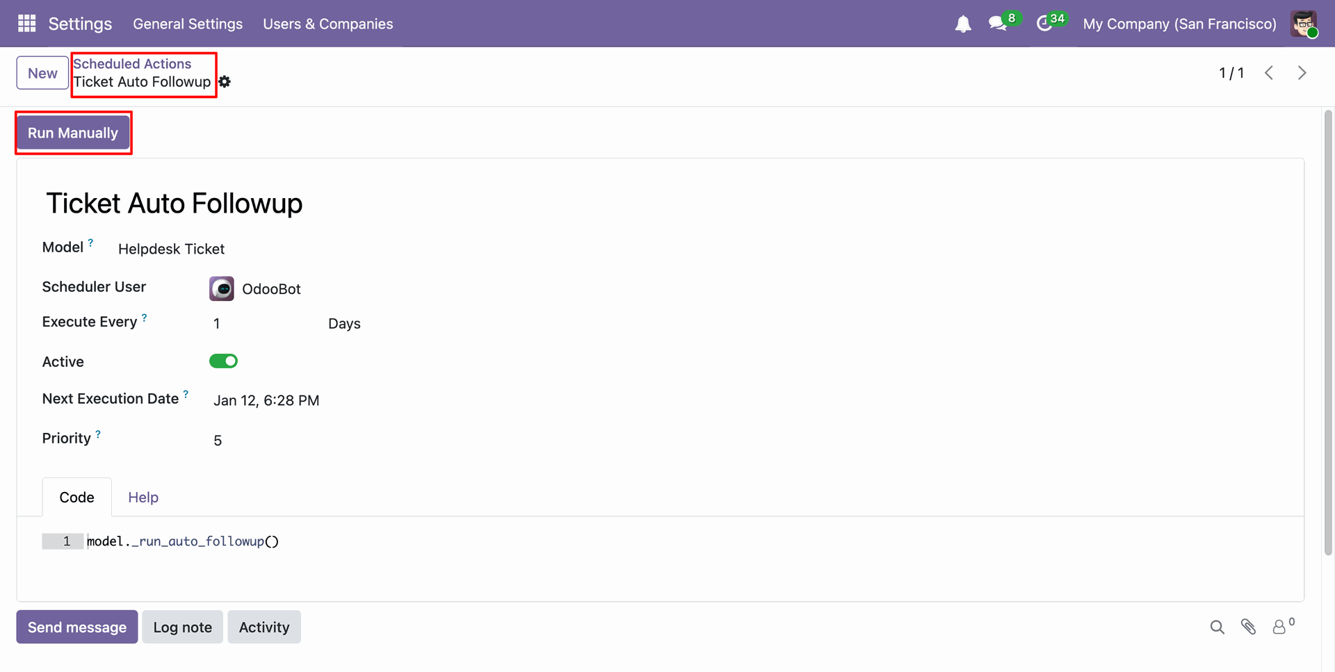 Run the Ticket Auto Follow-up scheduled action manually
