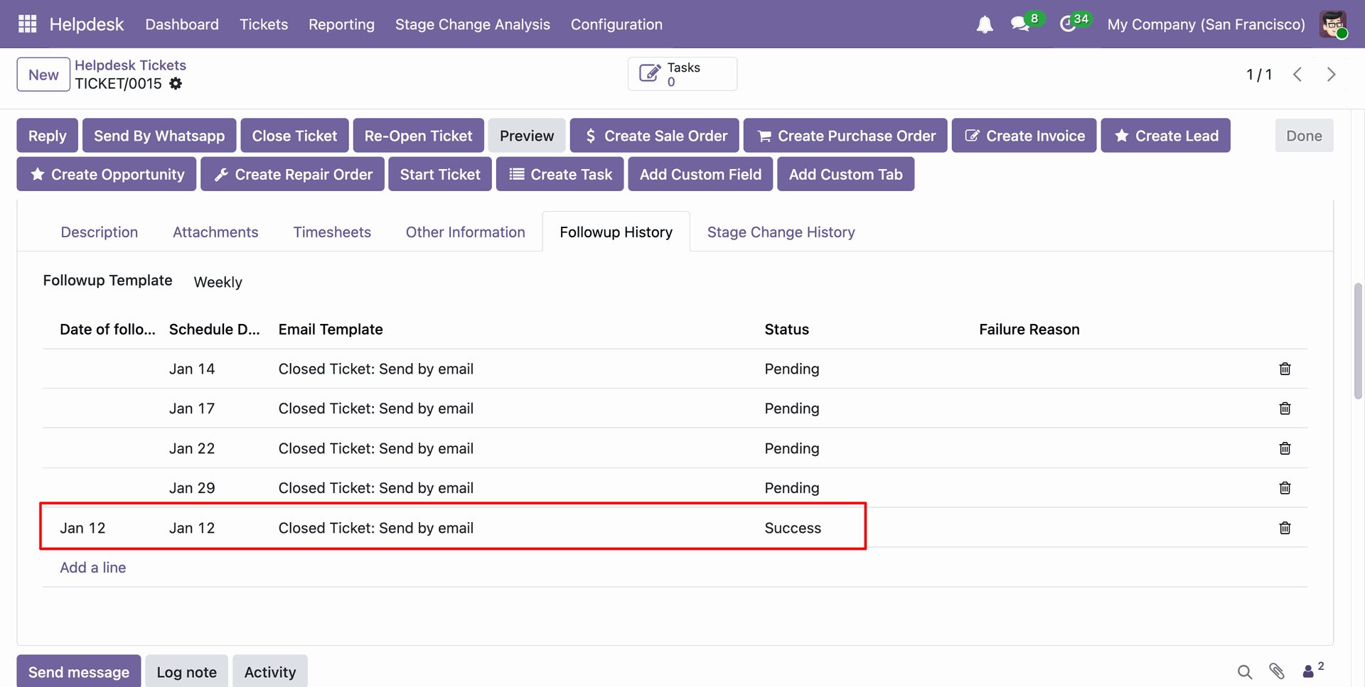 Helpdesk ticket showing a successful email status