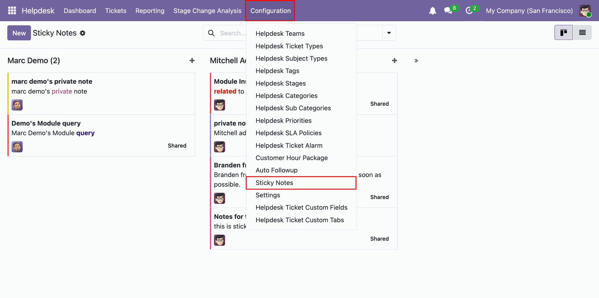 Sticky Notes menu and Kanban view