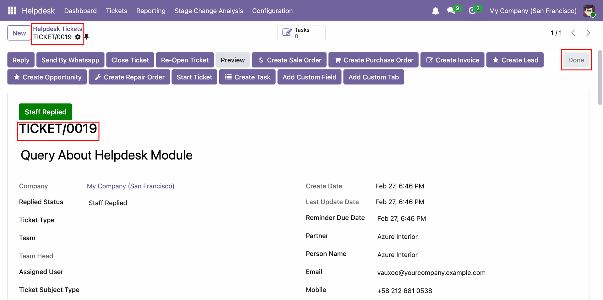 Move the Helpdesk ticket to the Done stage