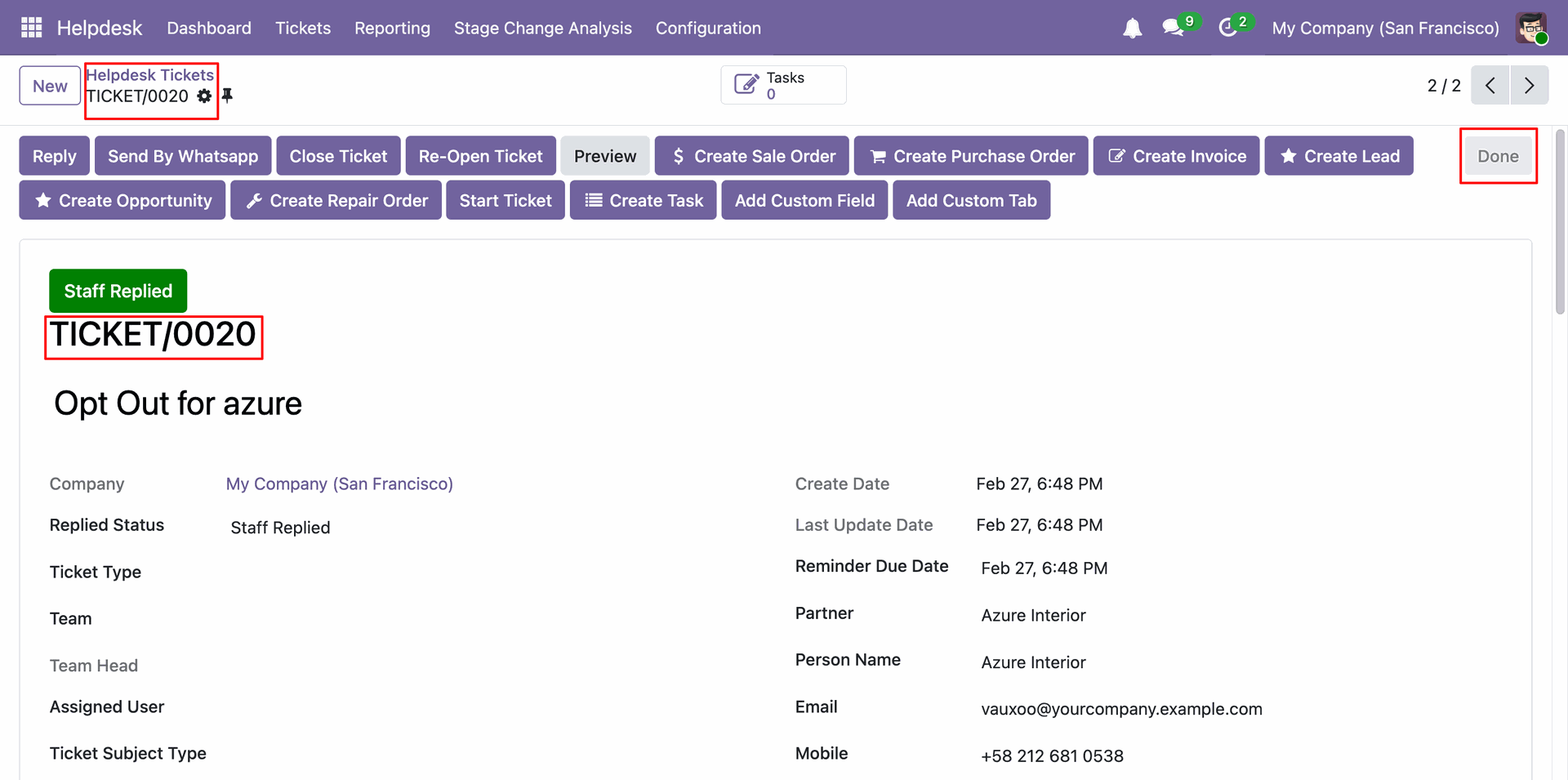 Move the Helpdesk ticket to the Done stage