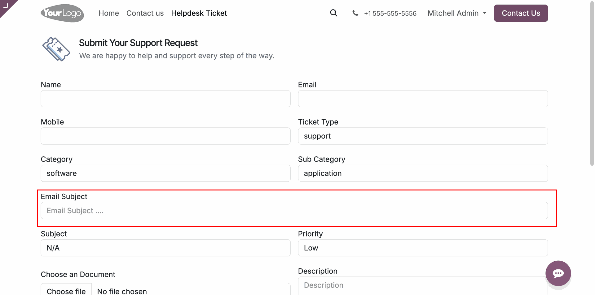 Website Helpdesk ticket form with Email Subject field