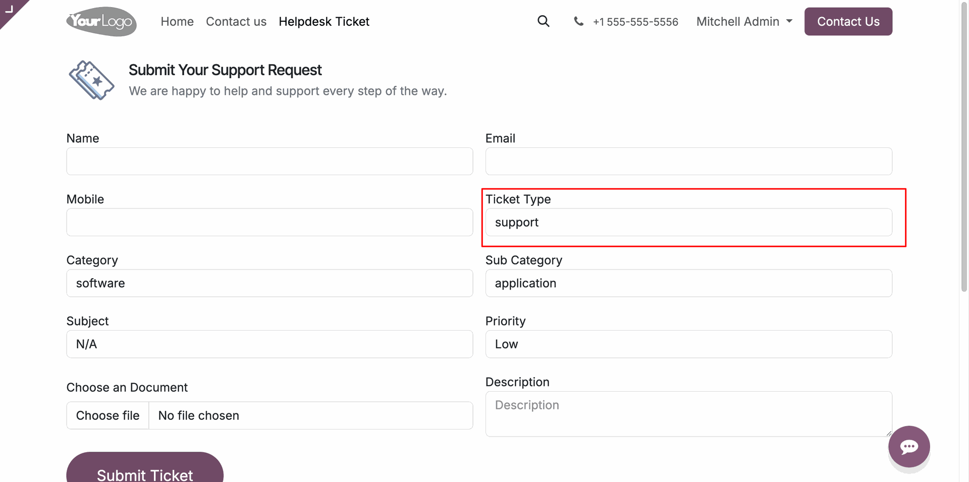Website Helpdesk ticket form with Ticket Type field for ticket creation