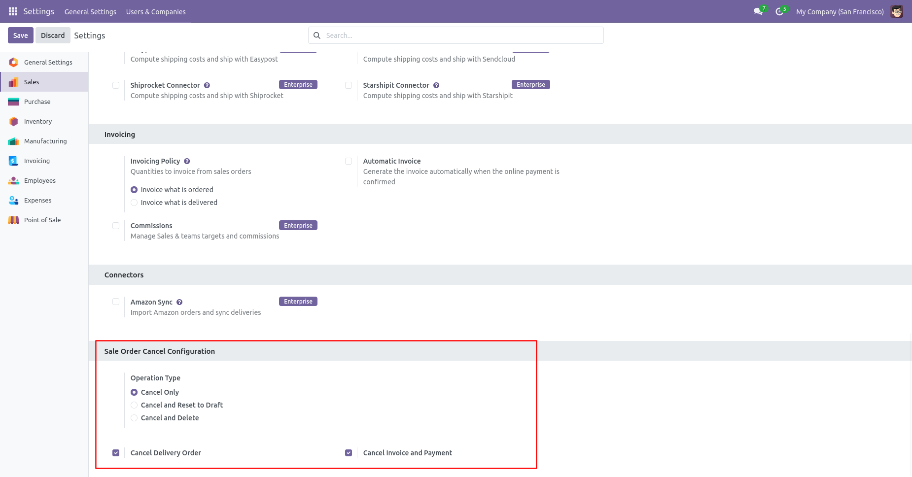 Odoo cancel only sale order configuration