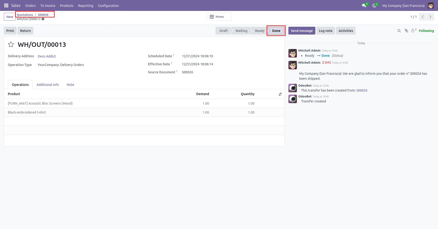 Odoo completed delivery order