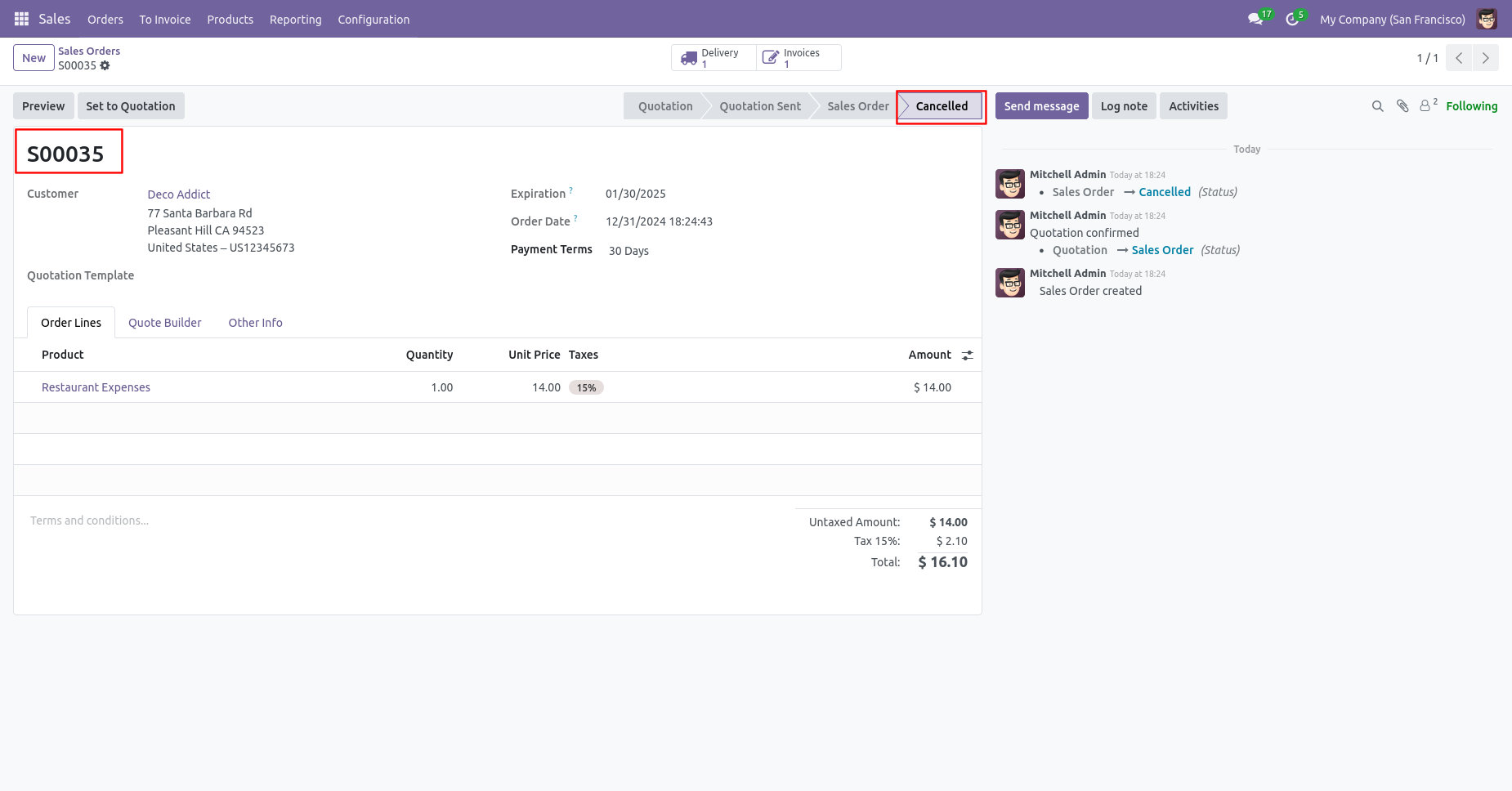 Odoo cancelled sale order