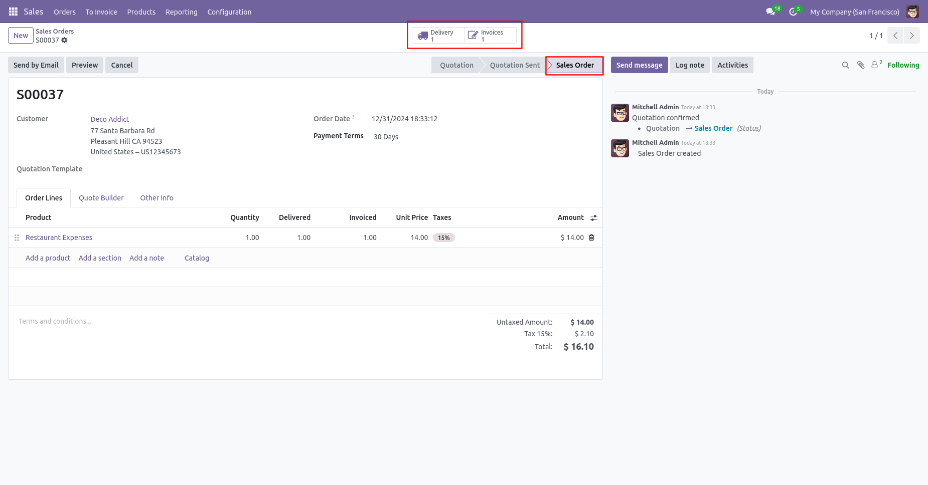 Odoo sale order with delivery and invoice