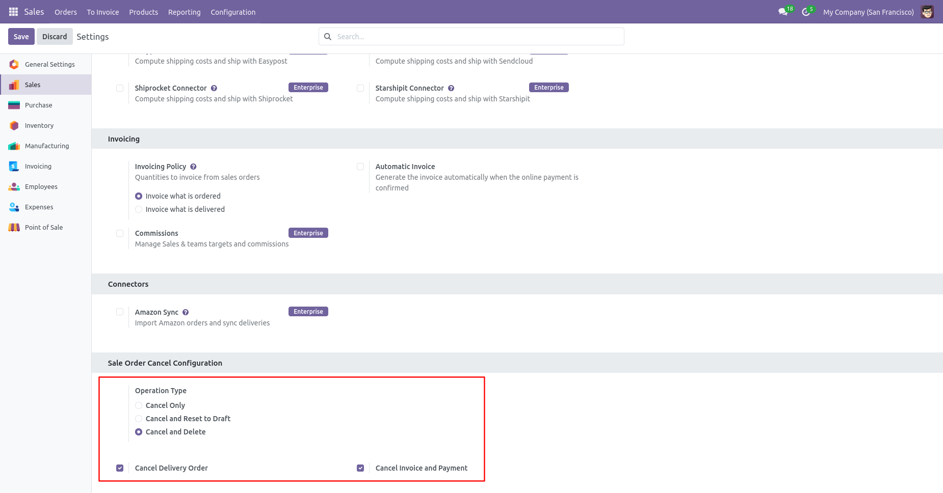 Odoo cancel and delete sale order configuration