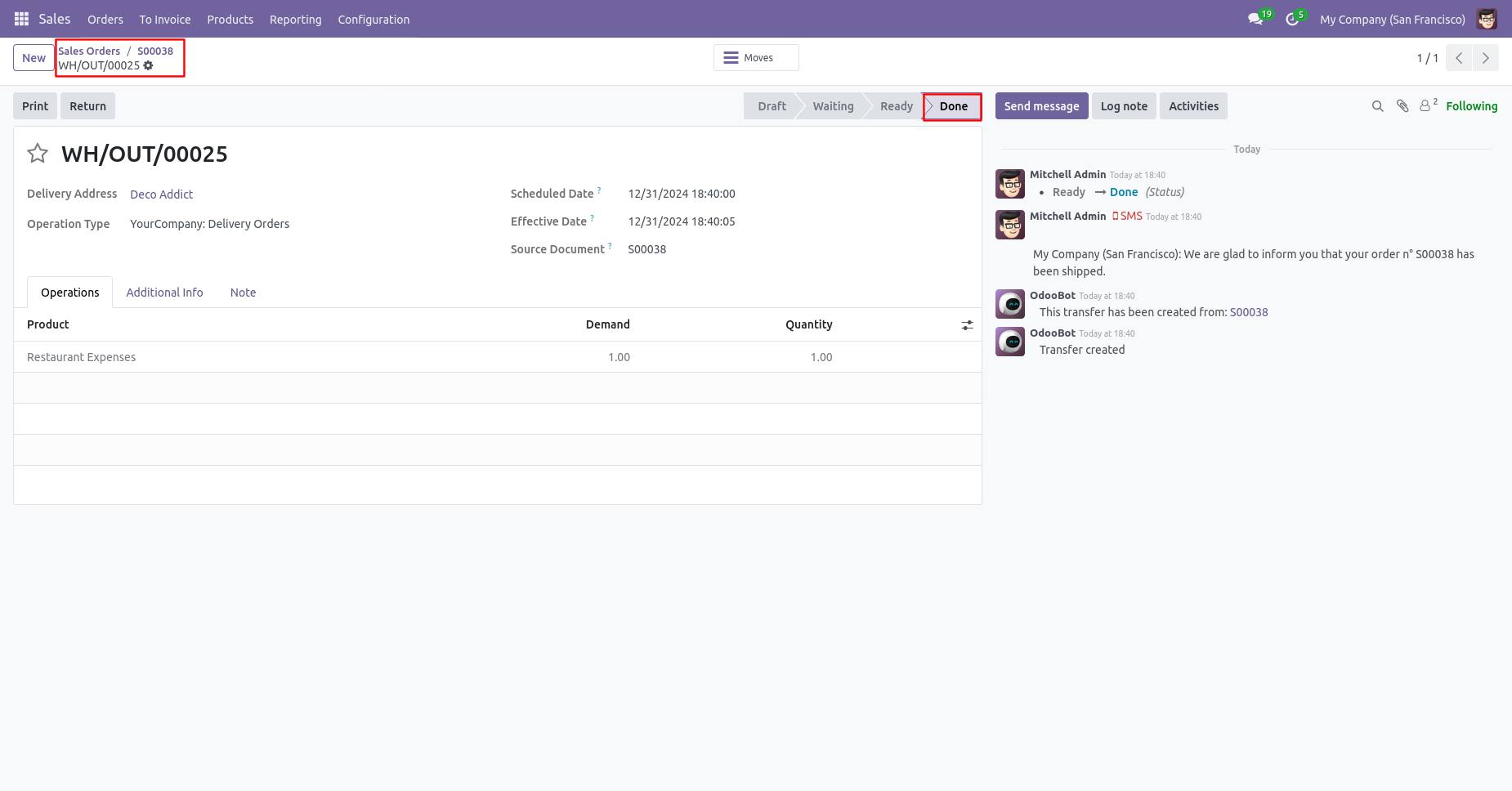 Odoo completed delivery order