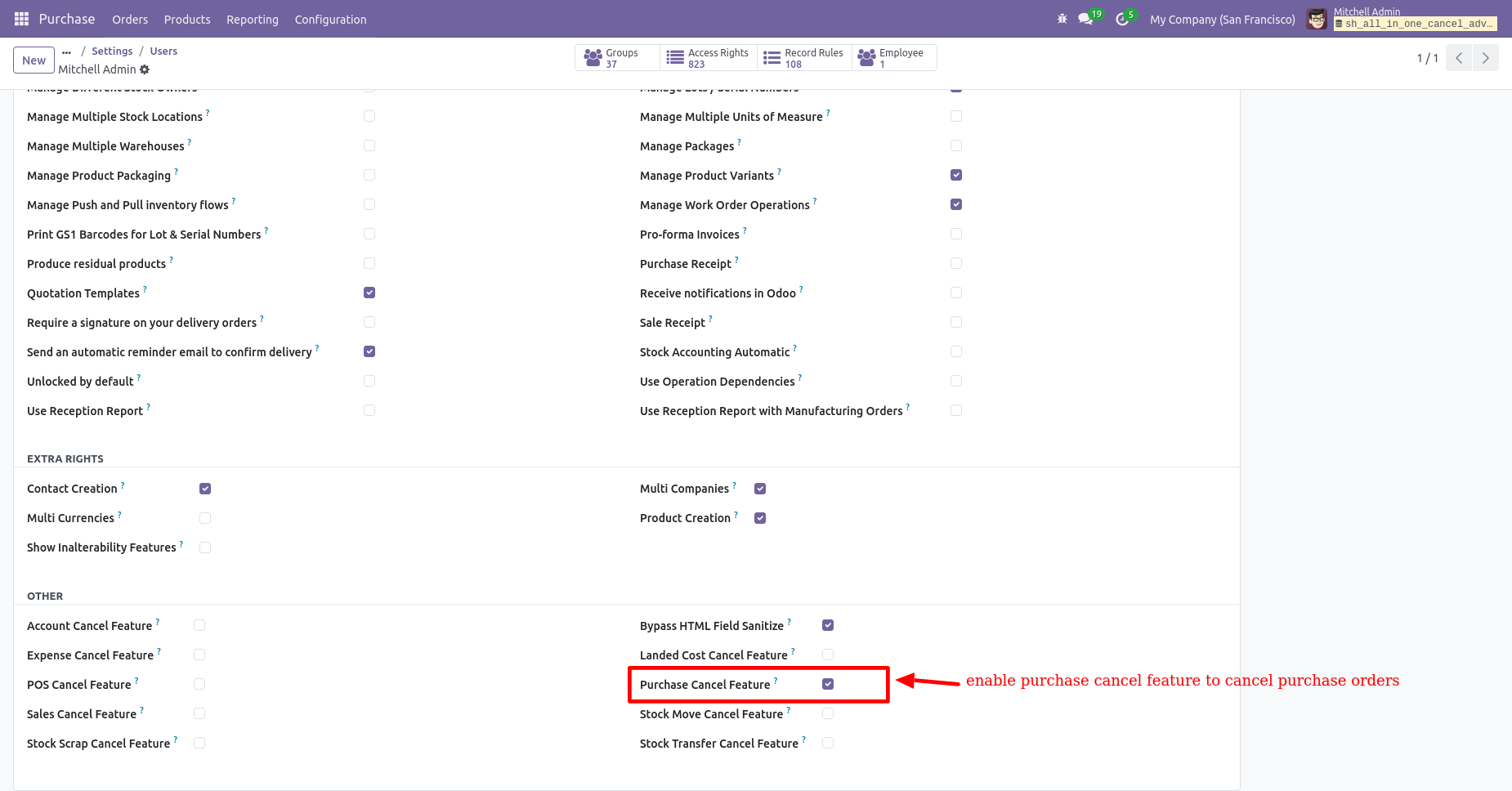 Odoo purchase cancel feature configuration