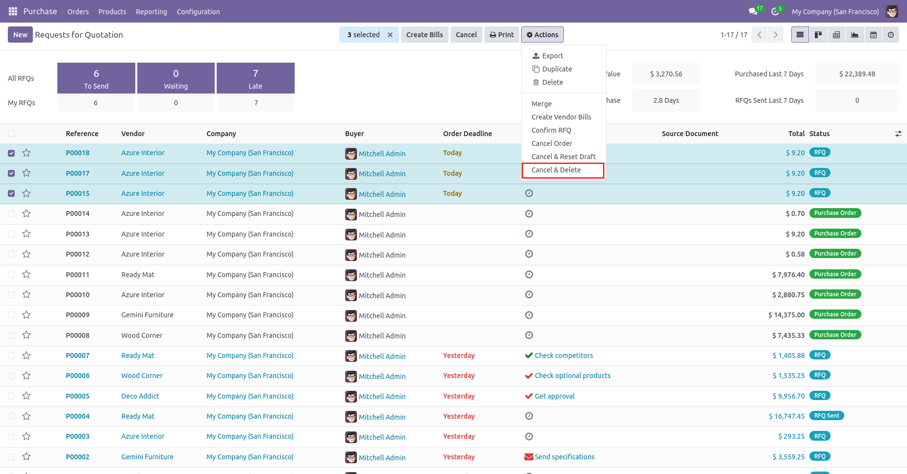 Cancel and delete multiple purchase orders