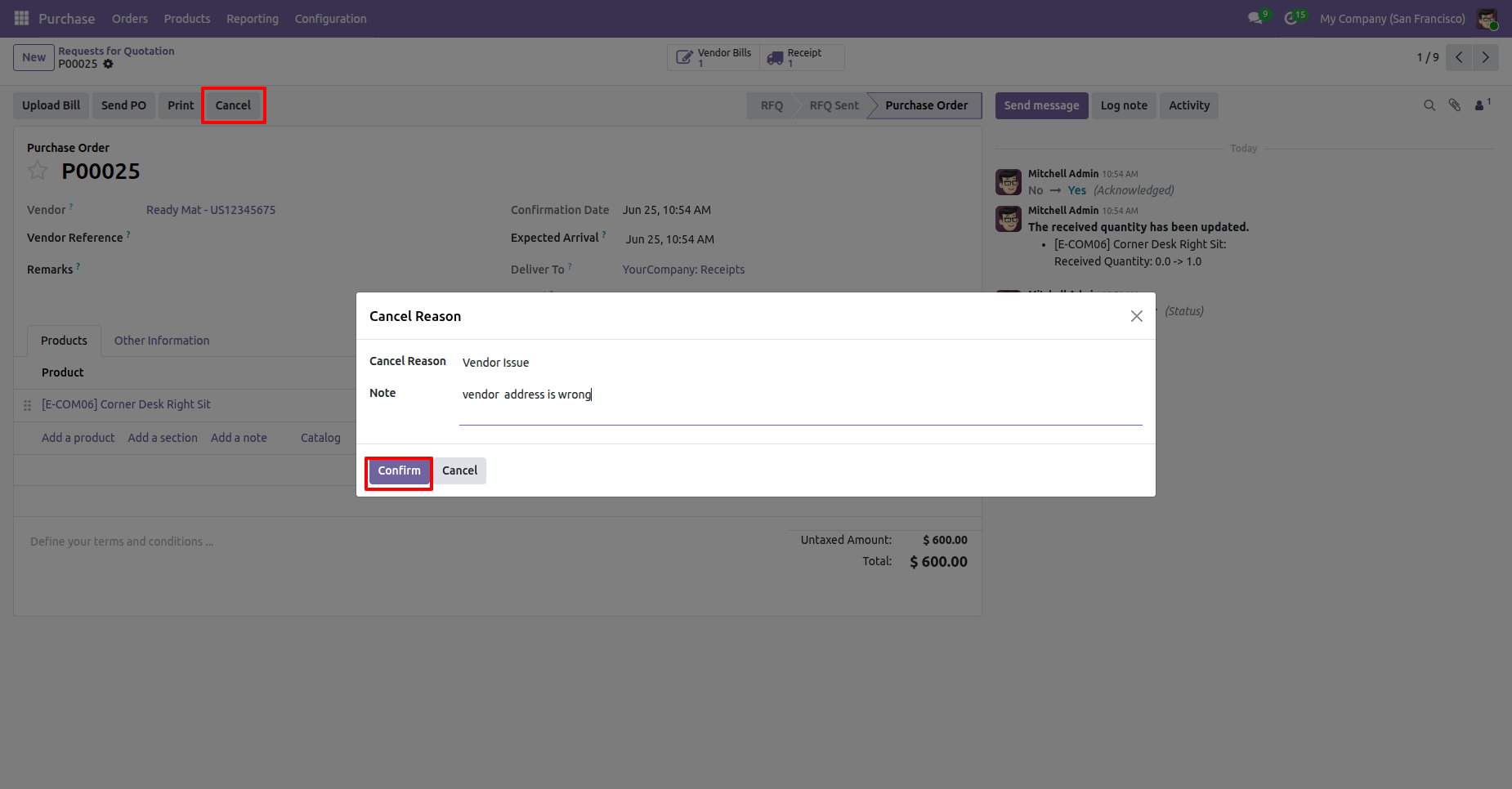 Purchase order cancellation reason wizard