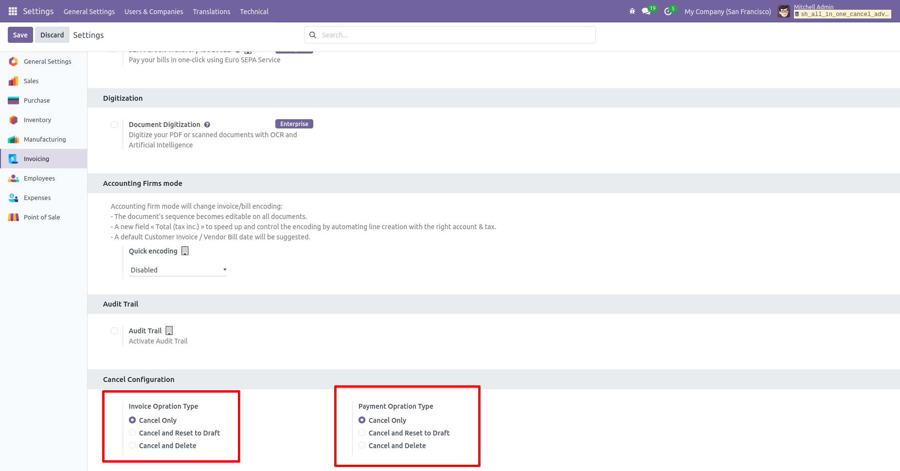Invoice cancellation configuration