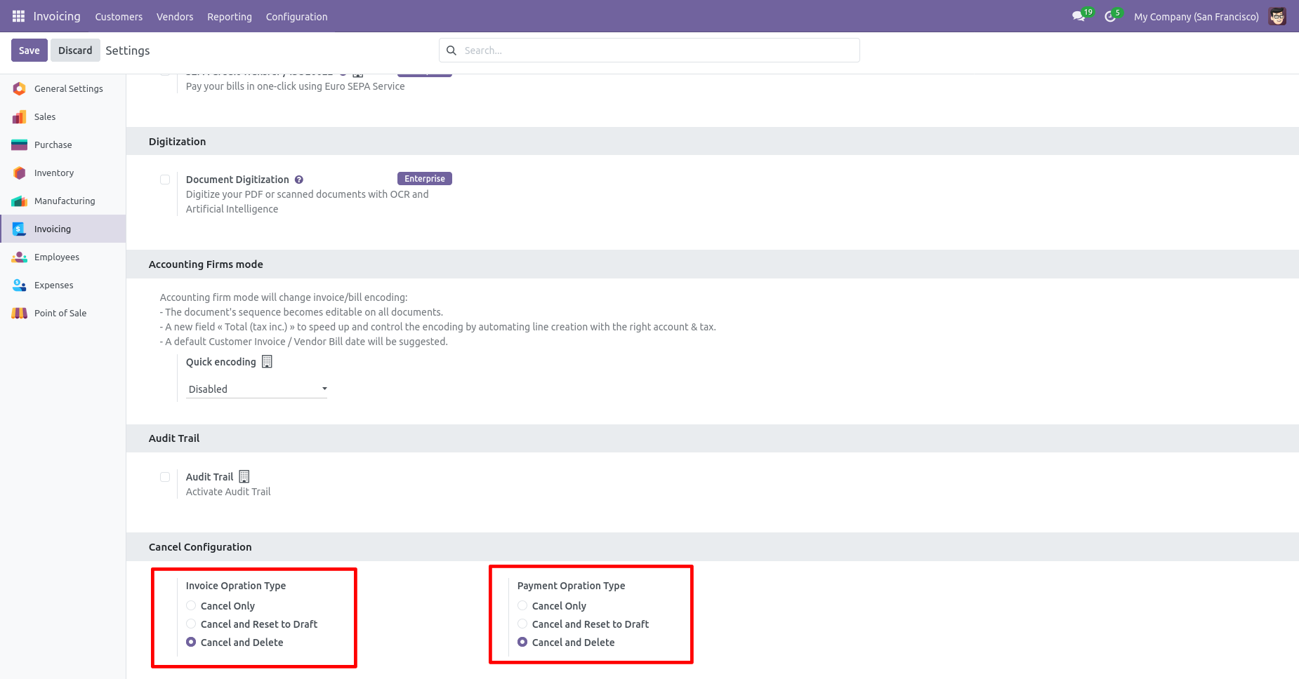 Invoice cancellation and delete configuration