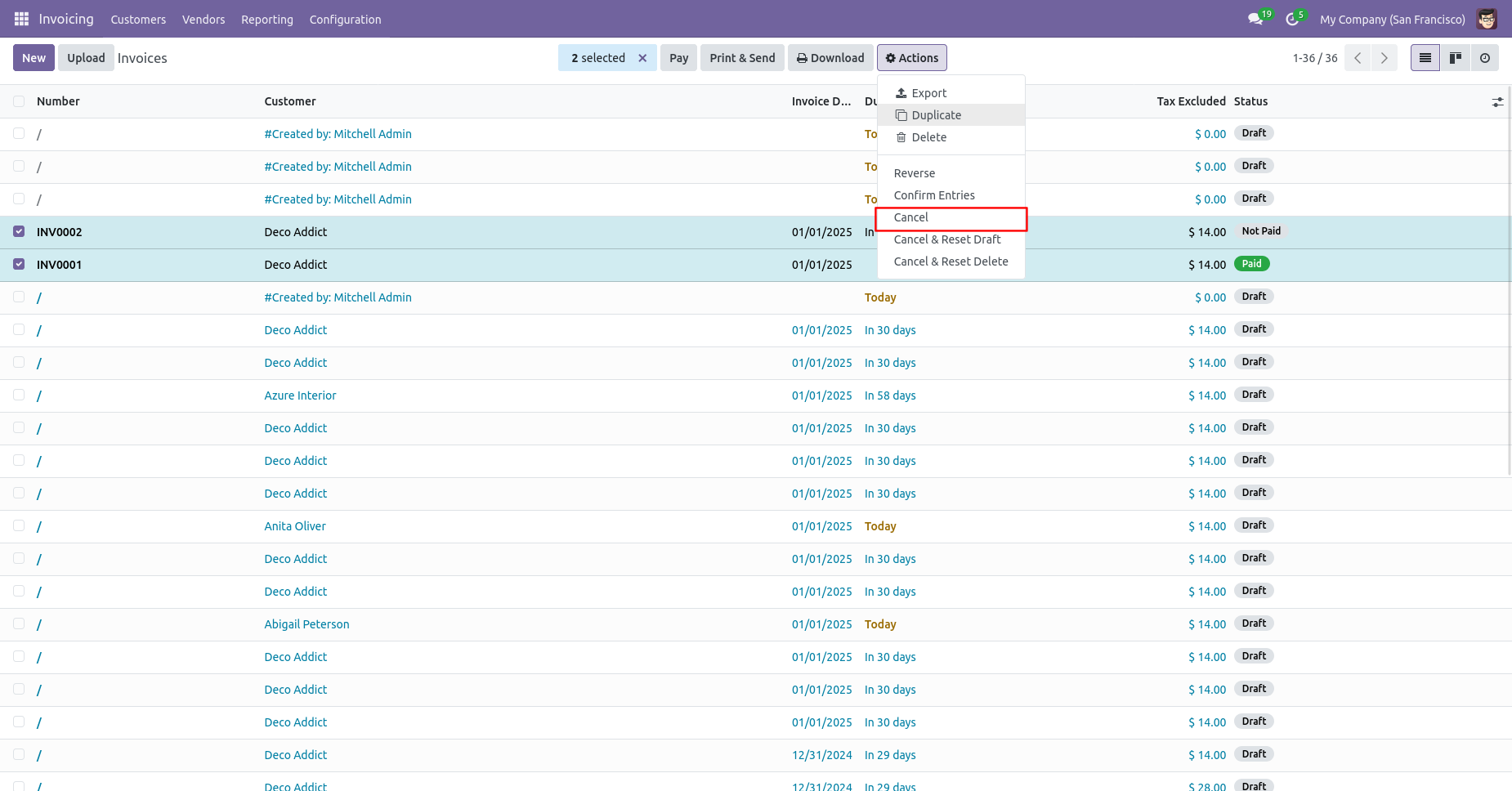 Cancel action for selected invoices