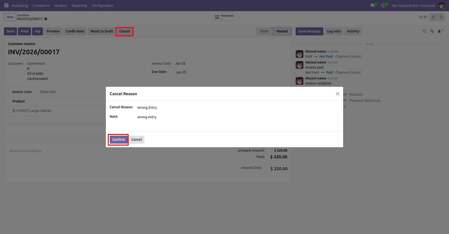 Invoice cancellation reason wizard