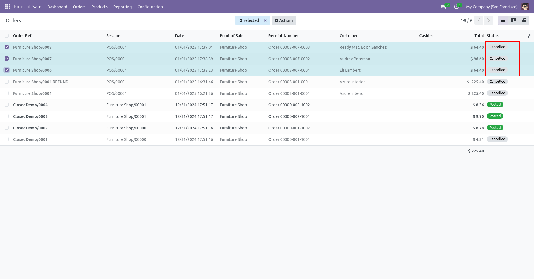 Cancel action for selected POS orders