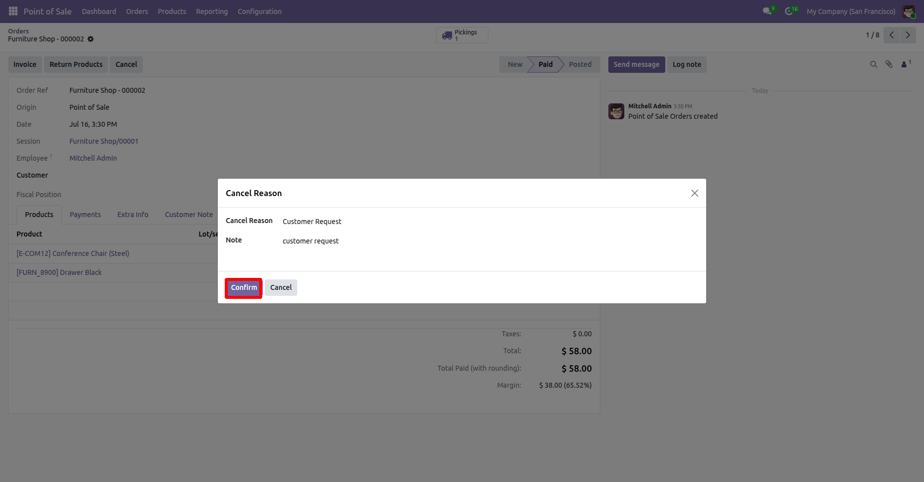 POS cancellation reason wizard