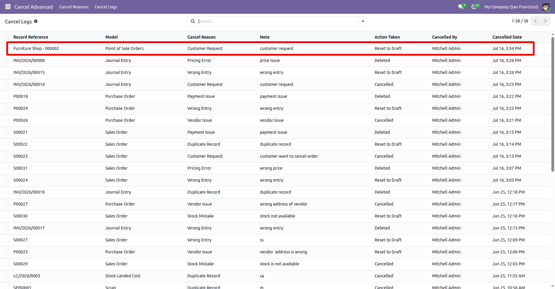 POS cancellation logs