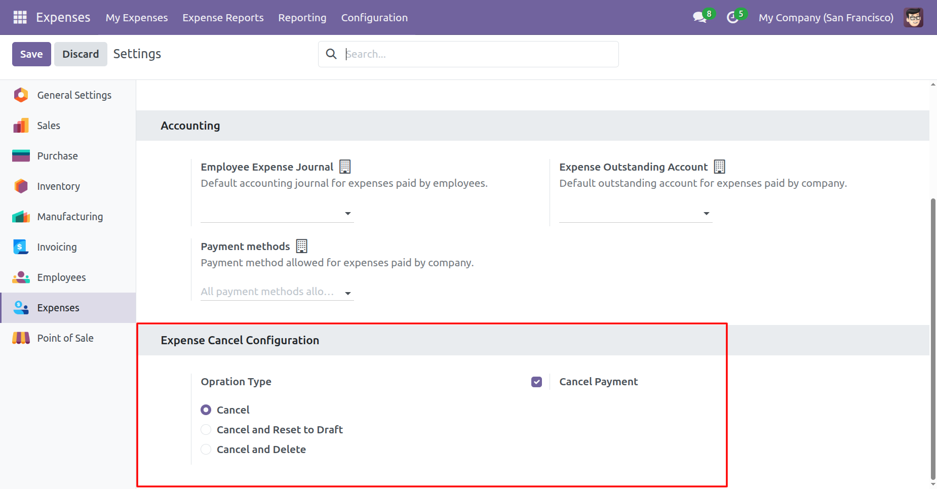Expense cancellation configuration