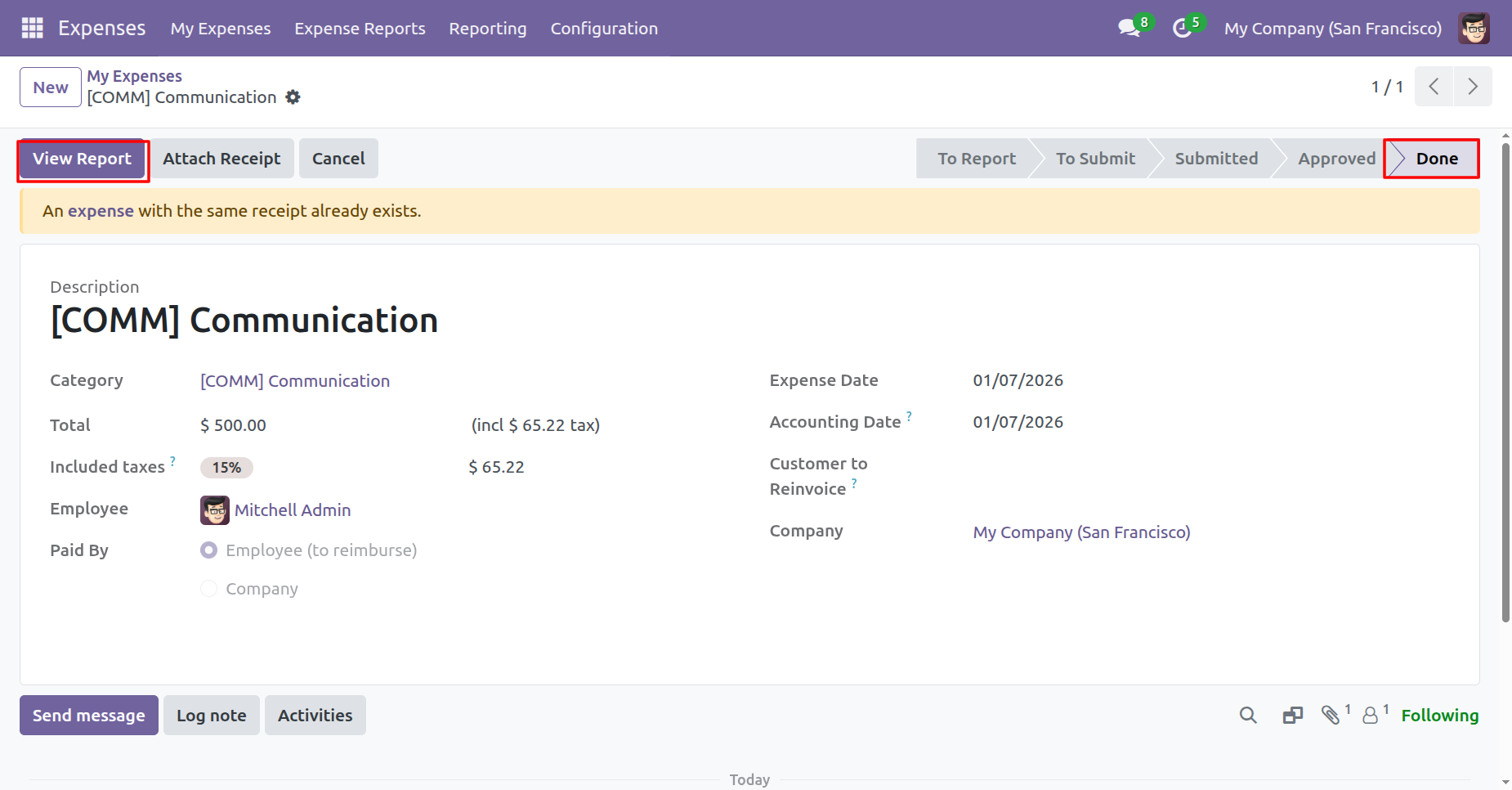 Completed expense report