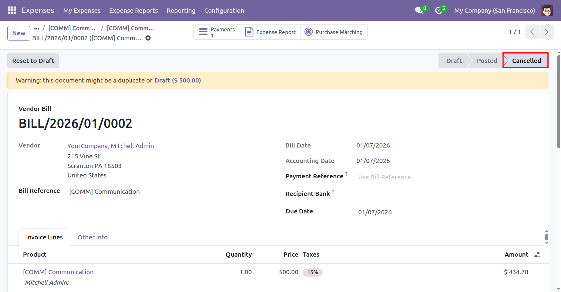 Cancelled vendor bill and payment