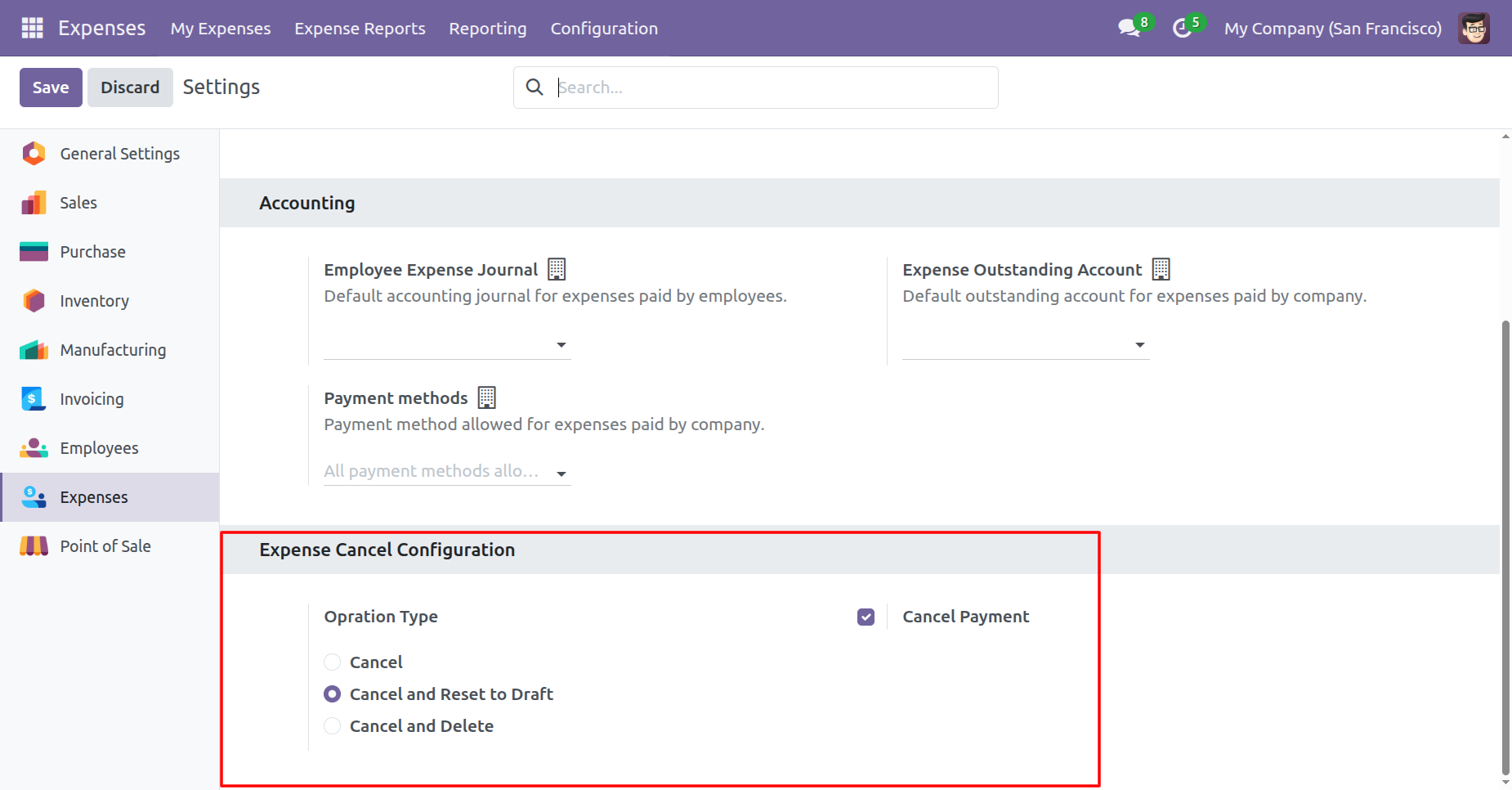 Expense cancellation and reset configuration