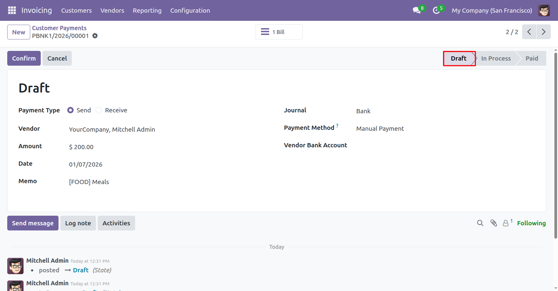 Expense payment reset to draft